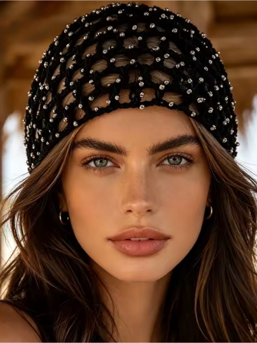 Black Beaded Crochet Slouchy Hat